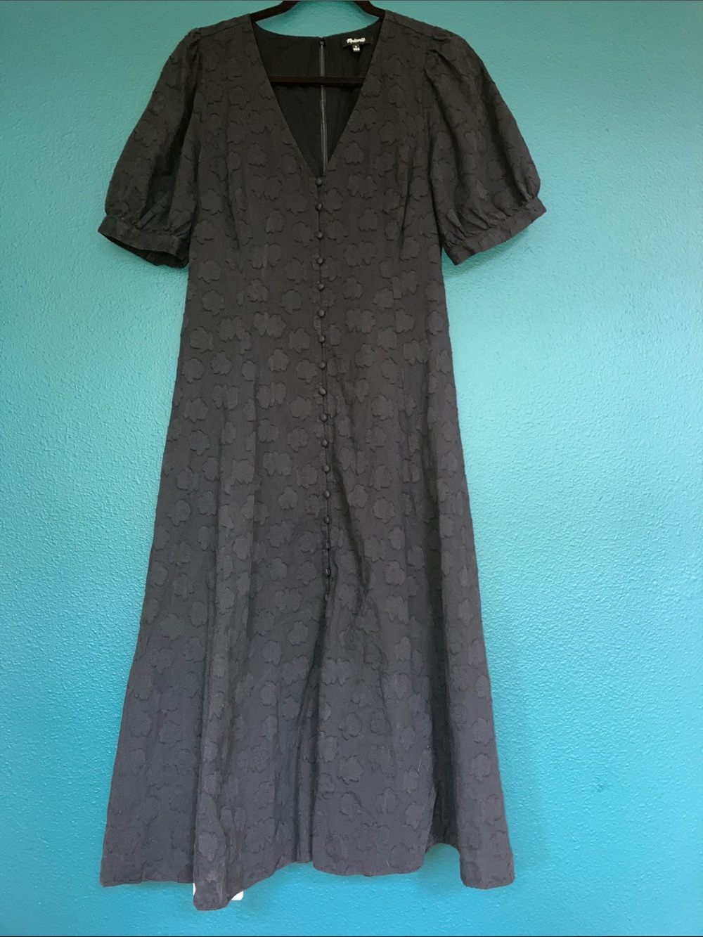 Madewell Black Jacquard Midi Dress | Puff Sleeves | Covered Buttons